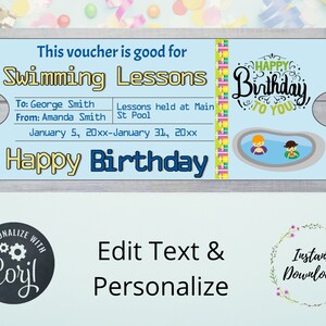 May include: A blue and white printable gift certificate for swimming lessons. The certificate says "This voucher is good for Swimming Lessons" and "Happy Birthday to You".