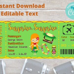 Editierbare Überraschung Bordkarte, Ticket, Geschenkgutschein, Urlaub, Geburtstagsgeschenk, Gutschein, Hawaii Ticket, Hawaii inseln, Hawaii Urlaub