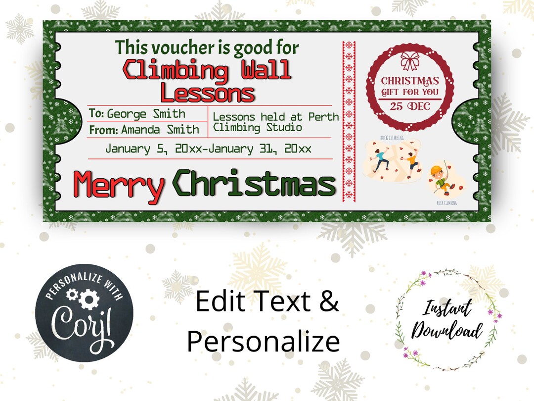 Editable Climbing Wall Lessons Christmas Voucher, Gift Certificate ...