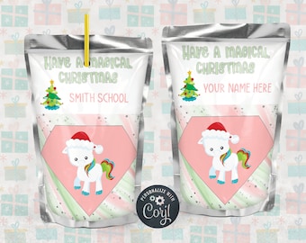 Editable Unicorn Christmas Juice Pouch, Christmas Juice Pouch, Christmas Label, Unicorn Juice Pouch Label, Daycare Party, School Party