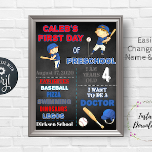 Bewerkbaar honkbal terug naar school teken, honkbalspeler, 1e schooldag, diy afdrukbaar, eerste dag van de kleuterschool, krijtbord ontwerp, Corjl