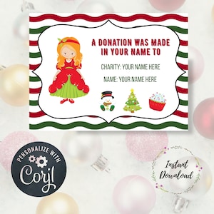 Tarjeta de donación y contribución navideña editable, princesa, niño, donación, tarjetas de donación personalizadas, tarjeta de caridad, regalo de Navidad, en lugar de