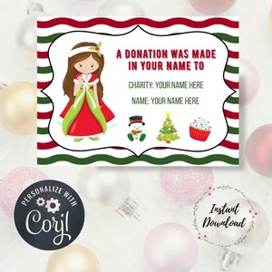 Bewerkbare kerstdonatie- en bijdragekaart, prinses, kind, donatie, aangepaste donatiekaarten, liefdadigheidskaart, kerstcadeau, in plaats van
