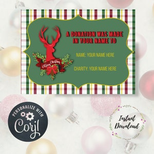 Tarjeta de donación y contribución navideña editable, ciervo, reno, donación, tarjetas de donación personalizadas, tarjeta de caridad, regalo de Navidad, en lugar de