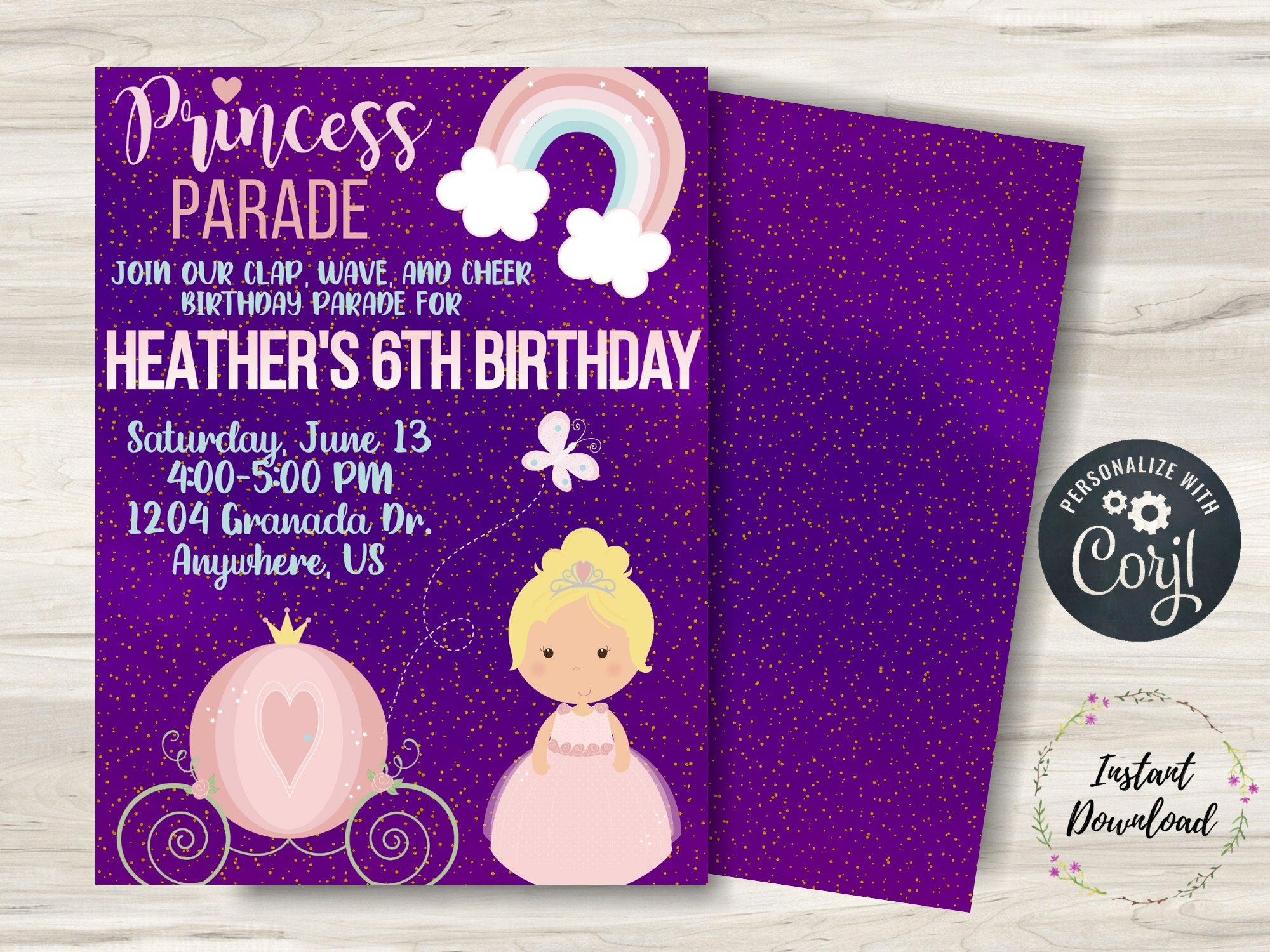 Editable Princess Birthday Parade Invitation Purple Sparkly Etsy