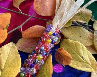 Native American beaded corn pin - Rainbow Colors - Pin - Raffia Husks