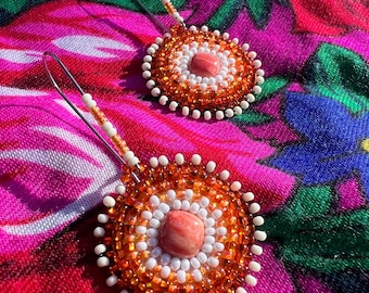 Native American Beaded Earrings - Orange/White - Kidney Hooks - Red Spiny Oyster Shell Center