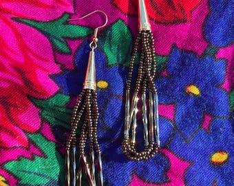 Native American Beaded Earrings - Brown Iris - Bugle Beads - Looped Earrings