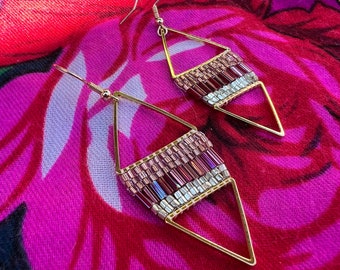 Native American Beaded Triangle Earrings – Rose Gold, Raspberry & Gold - Bugle Beads