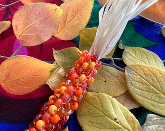 Native American beaded corn pin - Ombré Orange - Pin - Raffia Husks