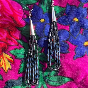 Native American Beaded Earrings - Hematite/Black - Bugle Beads - Looped Earrings