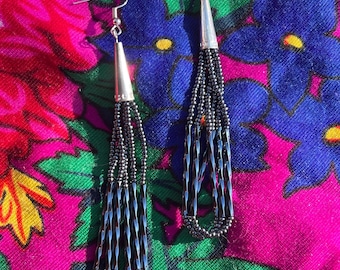 Native American Beaded Earrings - Hematite/Black - Bugle Beads - Looped Earrings