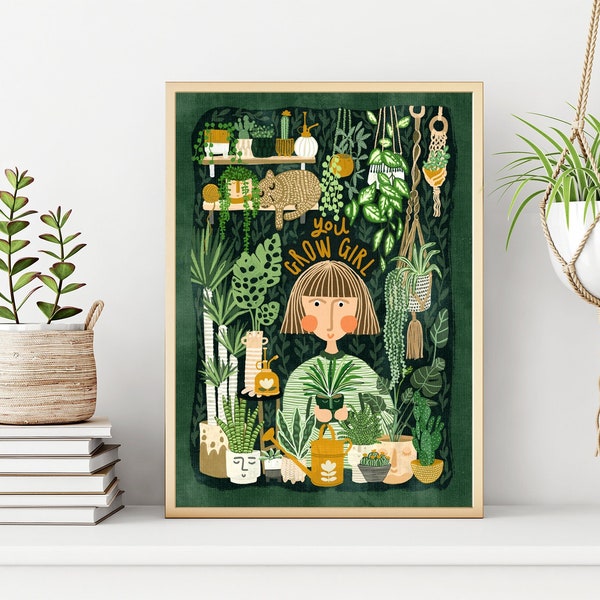 House Plant Lover Illustration Print Dark Green Yellow