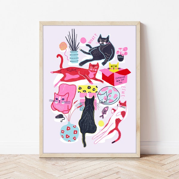 Funny Cat House Plant Illustration Print