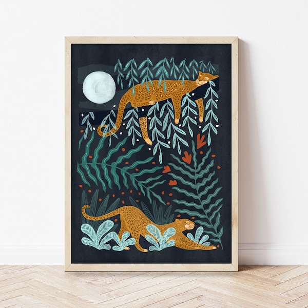 Sleepy Jungle Leopard at Night Gold Foil Illustration Print