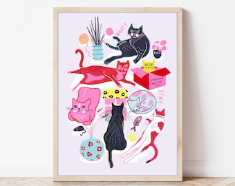 Funny Cat House Plant Illustration Print