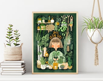 House Plant Lover Illustration Print Dark Green Yellow