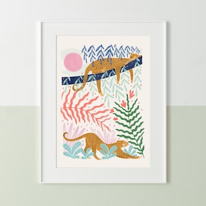 Sleepy Jungle Leopard Colourful Illustration Print