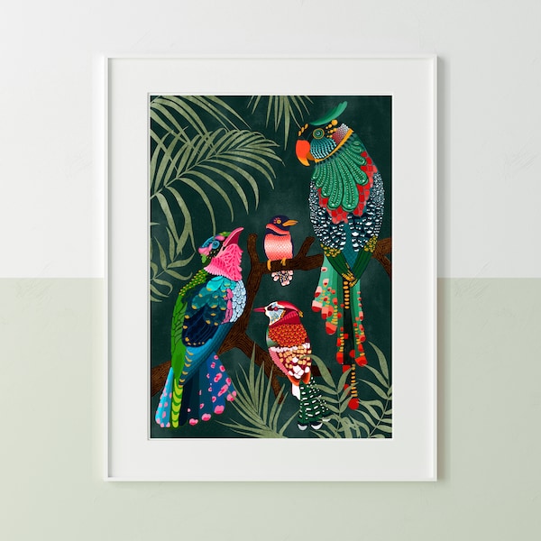 Tropical Jungle Birds Gold Foil Poster Illustration