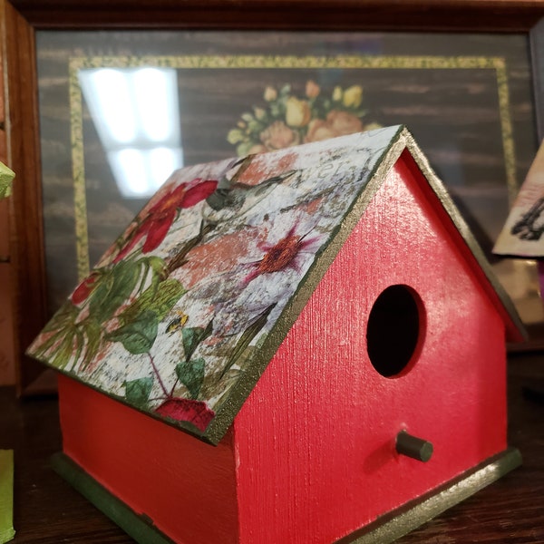 BOGO Birdhouse Barn Shape with bird's nest pattern and hand painted with Martha Stewart Holly Berry Pearl Paint