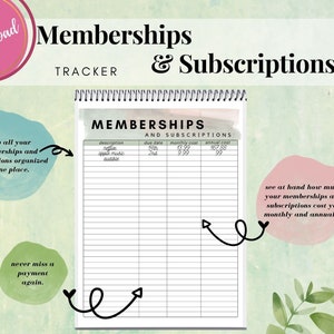 Memberships and Subscriptions Tracker, Memberships Tracker, Subscription Tracking Printable, Membership Tracking Printable