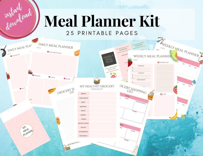 Meal Planner Kit, Meal Planner Templates Pack, Meal Planner Printable Pages, Daily Meal Plan, Monthly Meal Plan, Grocery List Printable image 1