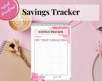May include: A pink and white watercolor design on a printable savings tracker. The tracker has columns for purpose, date, deposits, withdrawals, and balance. There are also spaces for goal amount and goal date.