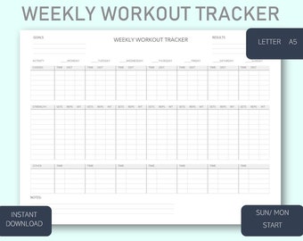 WEEKLY WORKOUT Fitness Exercise Tracker Printable Digital Weekly Wellness Planner Minimal Letter A5  | Chart for Goodnotes Notability| GRAY