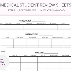 May include: Printable medical student review sheets for microbiology, pharmacology, and muscles. The sheets include columns for pathogen, structure, identify, virulence, manifestation, treatment, notes, drug, mechanism, medical use, side effect, contraindication, notes, muscle, origin, insertion, action, blood supply, innervation, and notes.