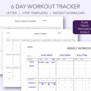 WEEKLY WORKOUT Fitness Exercise Tracker Printable Digital 6 Day Weekly Wellness Planner Minimal | Letter  | Chart for Goodnotes Notability|