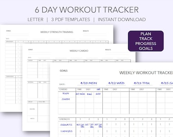 WEEKLY WORKOUT Fitness Exercise Tracker Printable Digital 6 Day Weekly Wellness Planner Minimal | Letter  | Chart for Goodnotes Notability|
