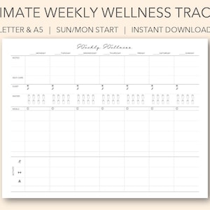 Könnte beinhalten: Ein druckbarer wöchentlicher Wellness-Tracker mit Abschnitten für Notizen, Selbstpflege, Schlaf, Wasser, Mahlzeiten und Aktivität. Der Tracker ist für einen Start am Sonntag/Montag konzipiert und enthält einen Platz für tägliche Notizen.
