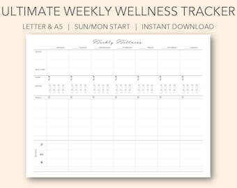WEEKLY WELLNESS Tracker Ultimate Printable Digital Weekly Wellness Planner Minimal Letter A5  | PDF Chart for Goodnotes Notability|