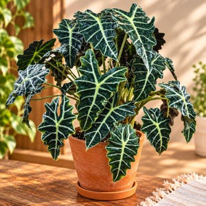 May include: An Alocasia Amazonica plant with dark green, arrow-shaped leaves featuring prominent, light-colored veins and wavy edges. The plant is potted in a simple, round, terracotta-colored clay pot with a matching saucer.