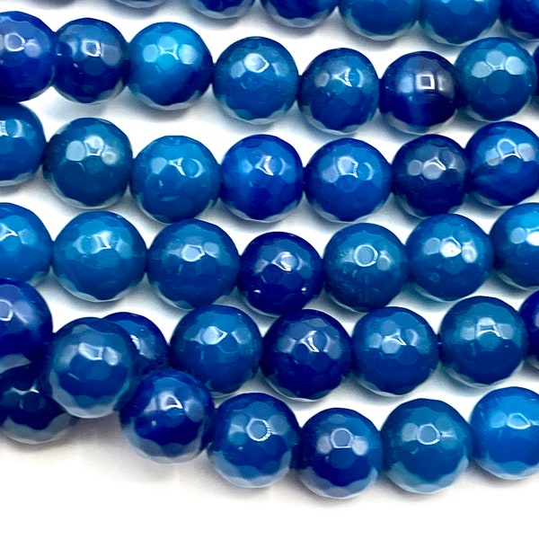8mm Faceted Agate Blue Round Stone Beads 14.5 inch Strand
