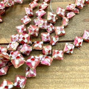 Hand Made Pink Floral Cloisonné Diamond Beads 11mm, Antique Vintage Look, Decorative Flower Enamel 14.5&quot; Strand