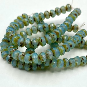 Faceted Czech Glass 3x5mm Rondelle Light Blue Opal Czech Glass Rondelles with a Picasso Finish, Czech Glass Beads