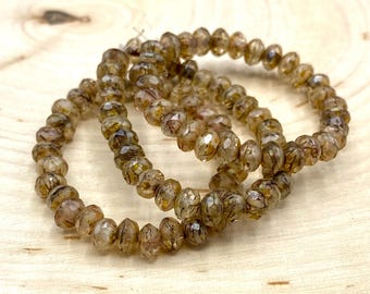 Faceted Czech Glass 3x5mm Rondelle Clear Brown Czech Glass Rondelles with a Picasso Finish, Czech Glass Beads, Rondelle Beads, Glass Beads,