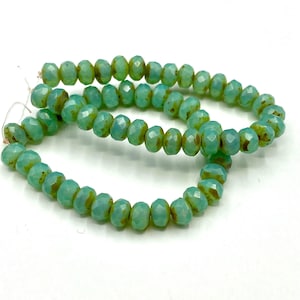 Faceted Czech Glass 3x5mm Rondelle Sea Green-Blue Opal Czech Glass Rondelles with a Picasso Finish, Czech Glass Beads