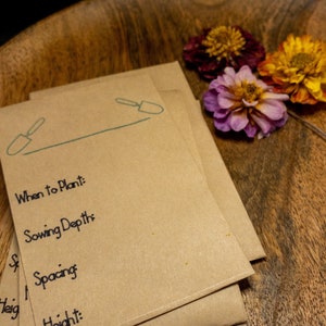 Pode incluir: Três embalagens de sementes castanhas com texto manuscrito, incluindo "Quando plantar:" e "Profundidade da sementeira:". Um gráfico de espátula verde é impresso nas embalagens. Flores secas em tons de roxo, vermelho e amarelo são dispostas nas proximidades. As embalagens estão numa superfície de madeira.