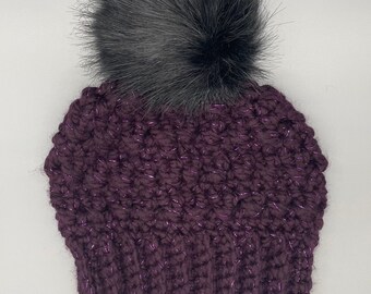 Crocheted Winter Hat with Faux Fur Pom Pom, Women's Winter Hat, Boho, Eggplant purple with Metallic Sparkle, Gift for her