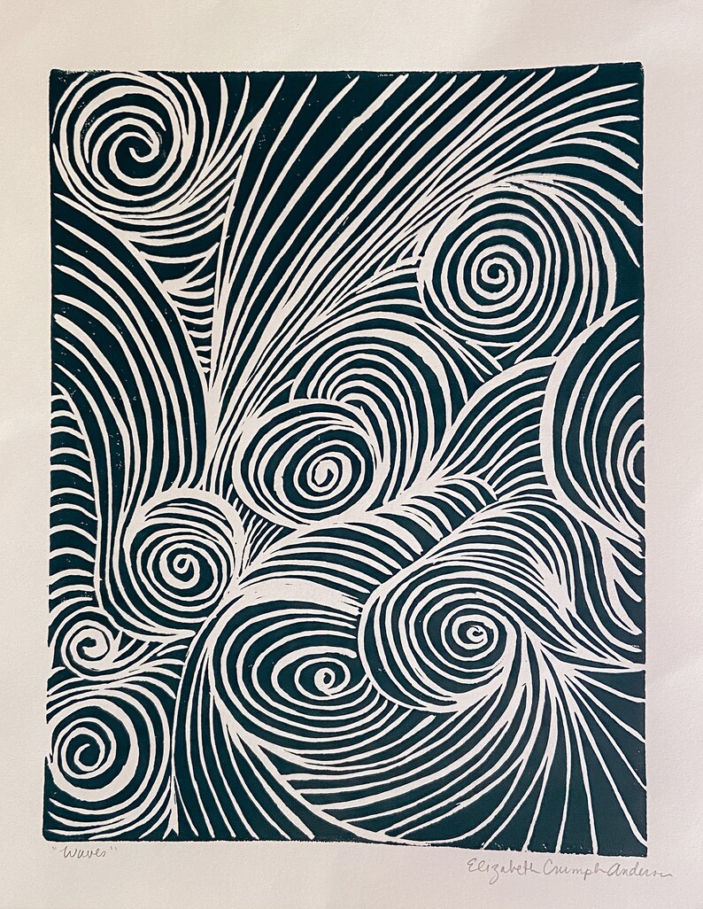 Waves Linocut Print in BLACK Etsy