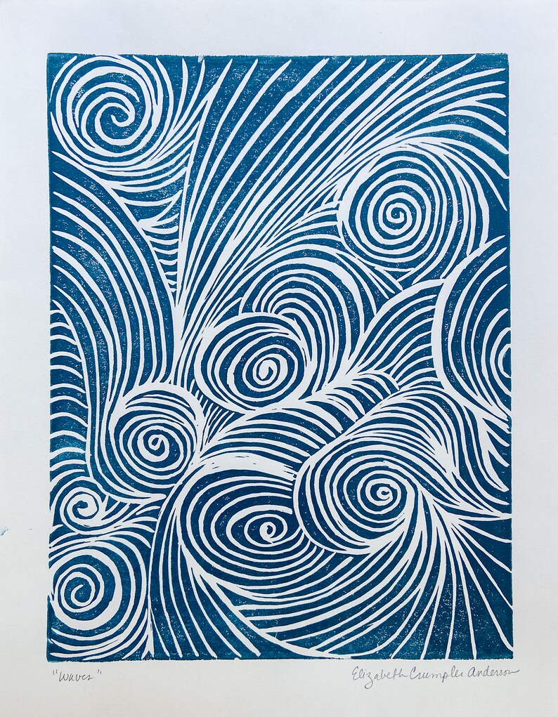 Waves Linocut Print in BLACK Etsy