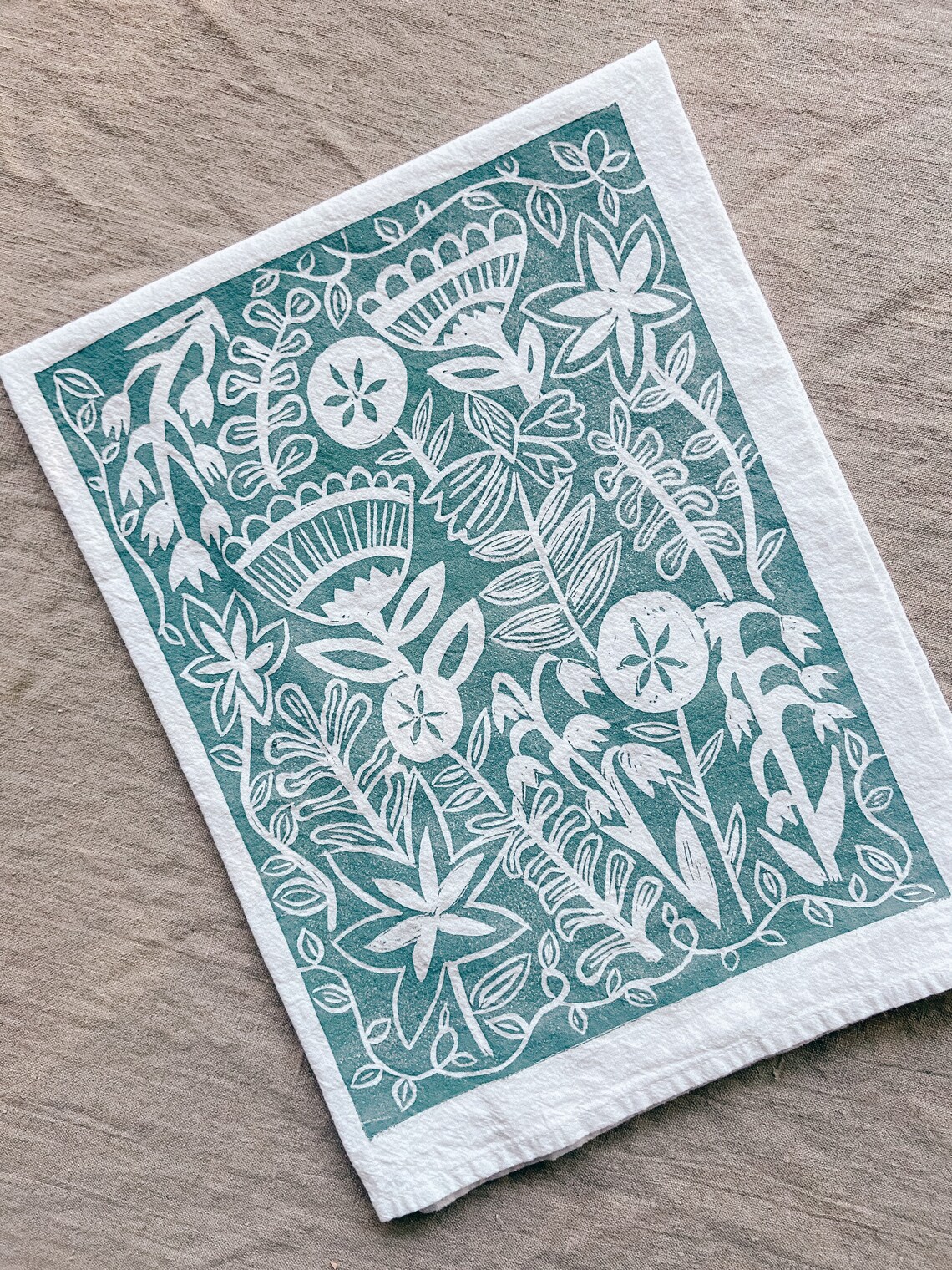 Handprinted Botanical Tea Towel DECEMBER SKY/BLUE Linocut Etsy