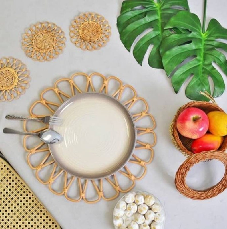Rattan Placemats & Coasters Set Wicker Floral Plate Charger Etsy