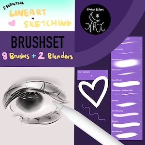 May include: A digital illustration of an eye with a white heart highlight. The image is a preview of a brush set for digital art, featuring 8 brushes and 2 blenders. The text "Essential Lineart Sketching Brushset 8 Brushes + 2 Blenders" is displayed in the upper left corner of the image. The text "Winter Eclipse Art" is displayed in the upper right corner of the image. The brush set includes:  "Sketching + Shading (tilt)", "Shading", "Hard Shading", "Blender", "Hard Blender", "Round Brush", "Soft Lineart", "Big Airbrush", and "Pencil".