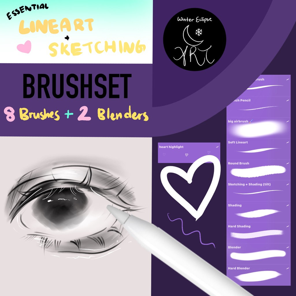 Procreate Essential Line Art & Sketching Brush Kit | 8 Brushes + 2 Blenders | Digital Drawing Brushset