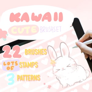 May include: A digital brush set for tablets featuring the text KAWAII CUTE BRUSHSET, 22 BRUSHES, LOTS OF STAMPS, and 3 PATTERNS. The graphic displays a white rabbit illustration on a light pink background with white hearts and a stylus pen.