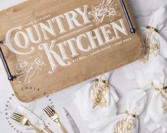 Rustic Farmhouse Wooden Tray Set – “Country Kitchen” & Highland Cow