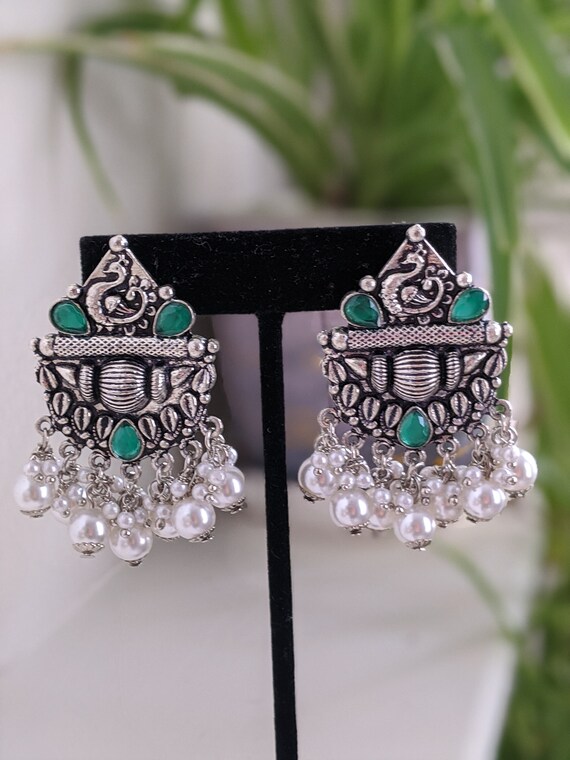 German Silver Oxidized Big Statement stones Studs Earrings Jewelry women  #SANI12 | eBay
